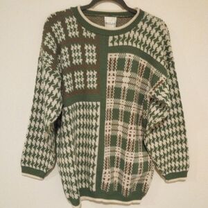 Bentley Vintage Green & Brown Plaid/Houndstooth Crew Neck Grandpa Sweater
